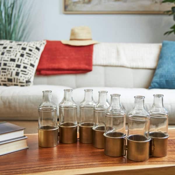 Litton Lane 8 in. Gold Adjustable Bottle Metal Decorative Vase with Clear Glass Bottles