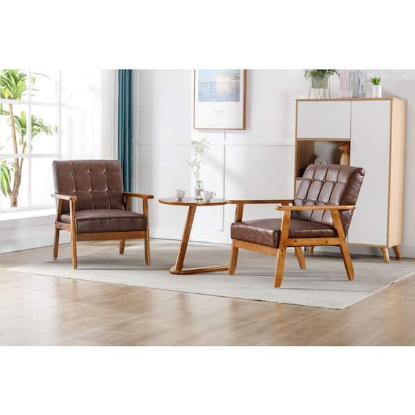 Zeus & Ruta 3-Piece Wood Outdoor Indoor Accent Chaise Lounge Chairs with 1 Side Table, Brown Cushions for Living Room, Bedroom