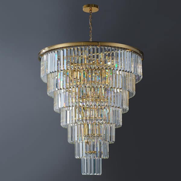 40 in. 30-Light Gold Tiered Crystal Chandelier, Luxury Pendant Light with Adjustable Height for Dining Room Foyer