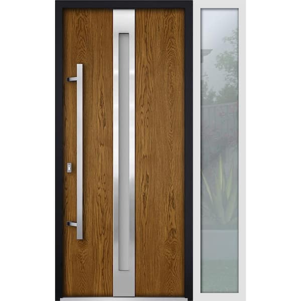 VDOMDOORS 52 in. x 80 in. Right-Hand/Inswing Sidelight Frosted Glass Natural Oak Steel Prehung Front Door with Hardware