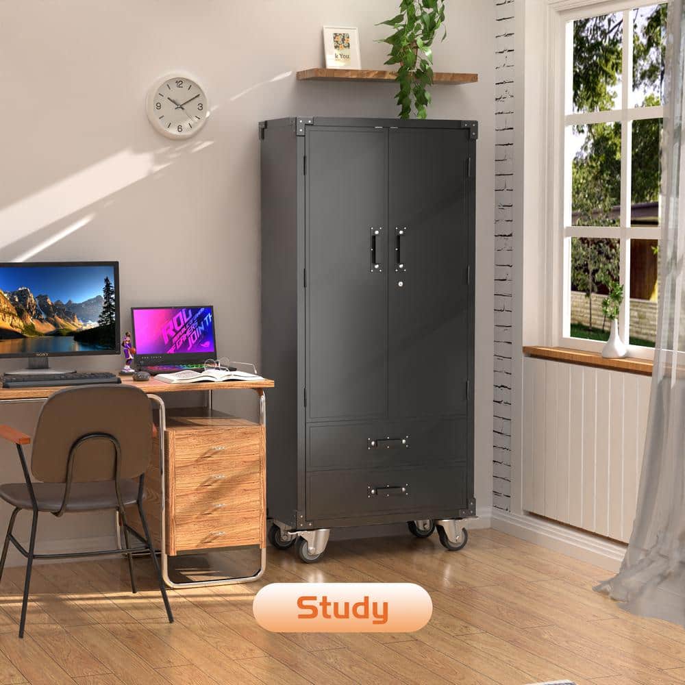 Black Metal Freestanding Office Cabinet with Adjustable Shelving