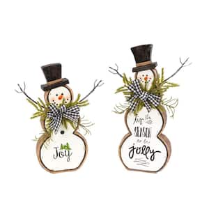13.75 in. H Resin and Metal Snowman Figurines with Pine and Bow Lg (Set of 2)