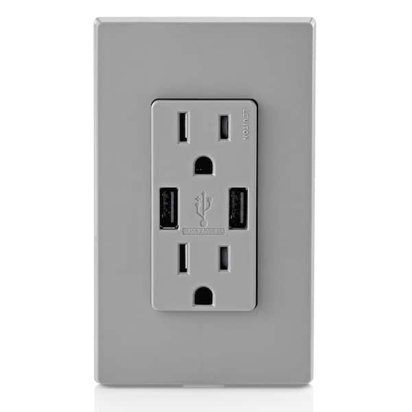 3.6A USB Dual Type A In-Wall Charger with 15 Amp Tamper-Resistant Outlets, Gray