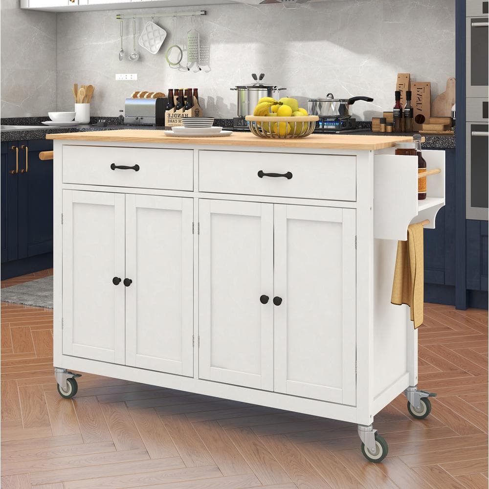 White Solid Wood Top 54.3 in. Kitchen Island with 4 Door Cabinet and 2 Draw