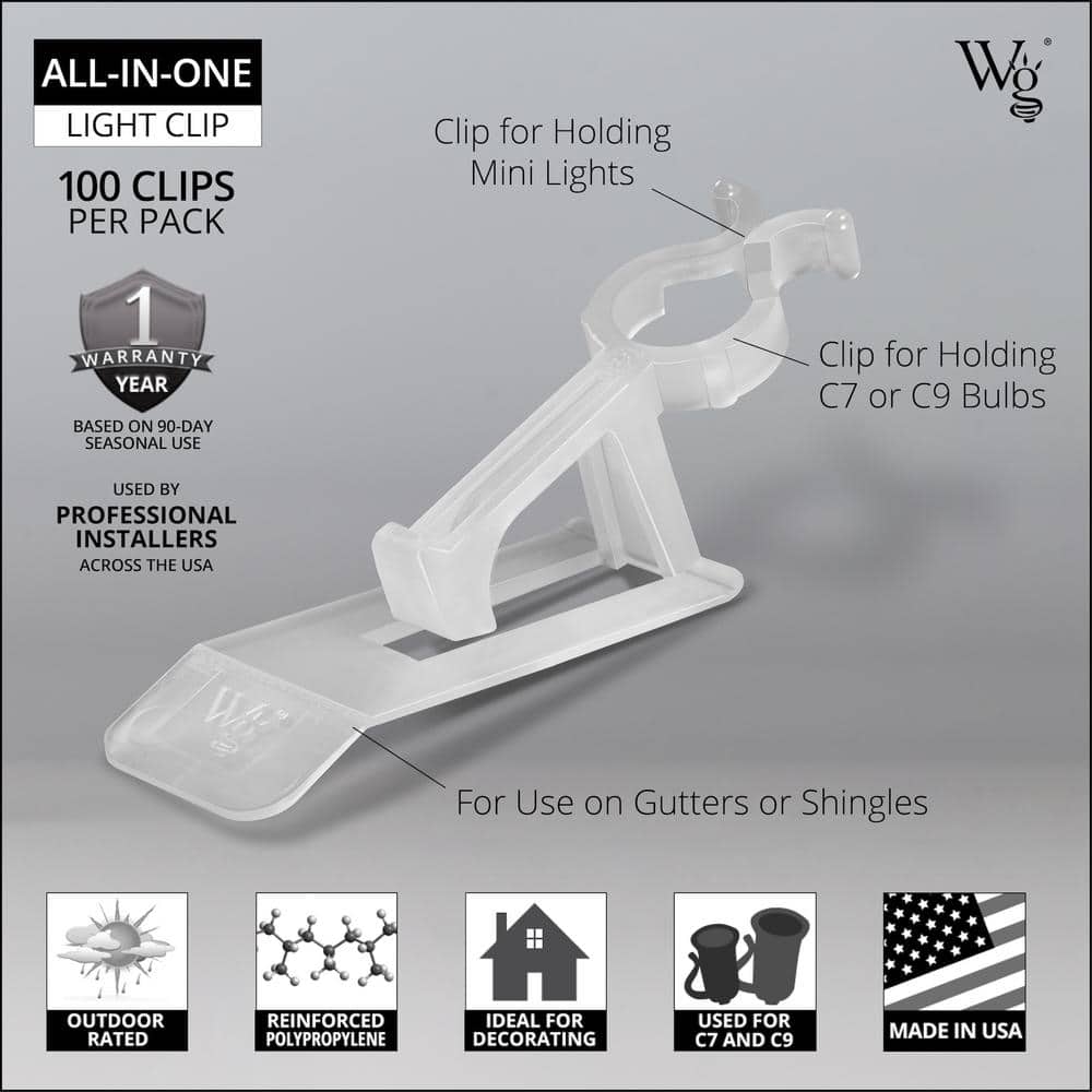 Wintergreen Lighting All-in-One Clear Polypropylene Christmas Light Clips, 100 Pack