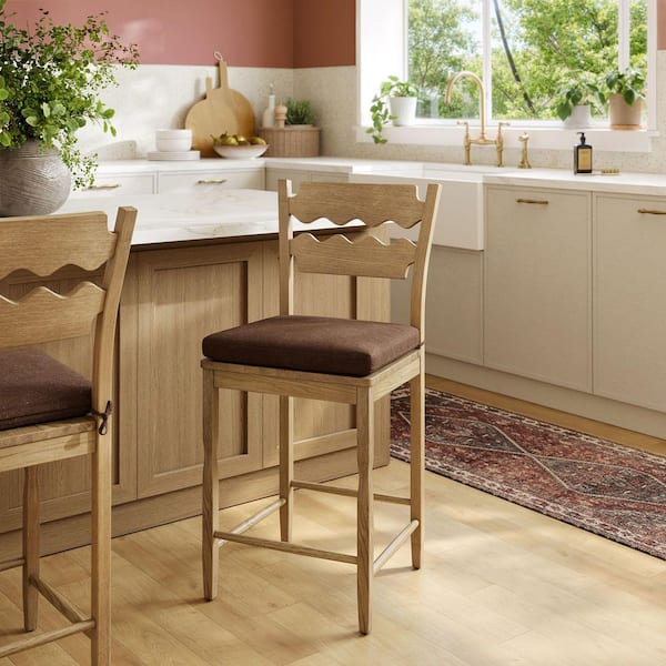 Jax Vintage Inspired Oak Wood Counter Stool With Wavy Razor Back in Weathered Oak Cocoa