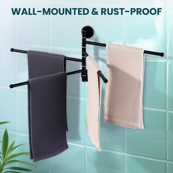 Stainless Steel 13 in. Wall Mounted Towel Bar Bath Hardware Accessory with Swivel 4-Arm in Matte Black