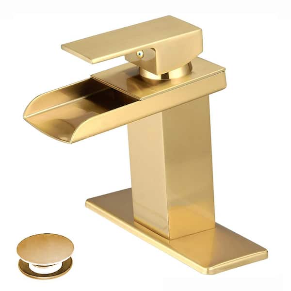 HOMEMYSTIQUE Single Handle Waterfall Spout Single Hole Bathroom Sink Faucet with Drain Kit and Deckplate Included in Brushed Gold