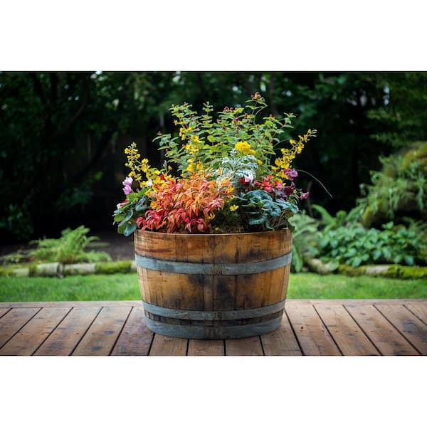 Garden Flowers Wooden Genuine Reclaimed Oak Half Whiskey Barrel Planter Pot 