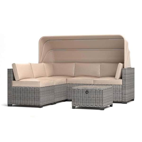 Patio Sectional Brown Wicker 6-Piece, Outdoor Sectional Set, with Cushion in Gray, Coffee Table