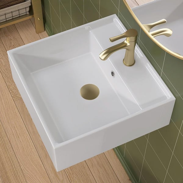16.5 in. White Ceramic Square Wall-Mount Bathroom Sink Install or On Countertop Vessel Basin w/ Faucet Hole and Overflow