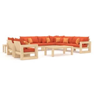 Benson 9-Piece Wood Patio Sectional Seating Set with Sunbrella Tikka Orange Cushions