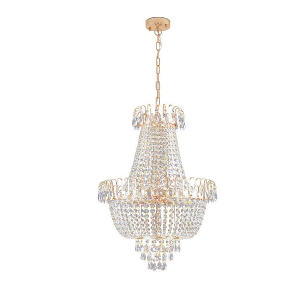 Crysia 22 in. 10-Light Gold Glam Empire Chandelier Light Fixture with Hanging Crystal Shade