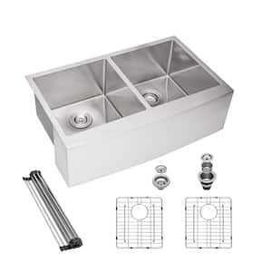 36 in. Farmhouse Apron Double Bowl 16 Gauge Stainless Steel Kitchen Sink with Roll Up Rack