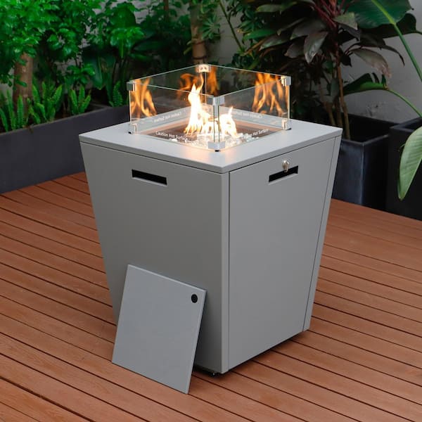 Leisuremod Chelsea 21" Modern Aluminum 37,000 BTU Square Propane Patio Fire Pit Table with Lid and Fire Glass in Grey