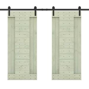 72 in. x 84 in. Sage Green Stained DIY Knotty Pine Wood Interior Double Sliding Barn Door with Hardware Kit
