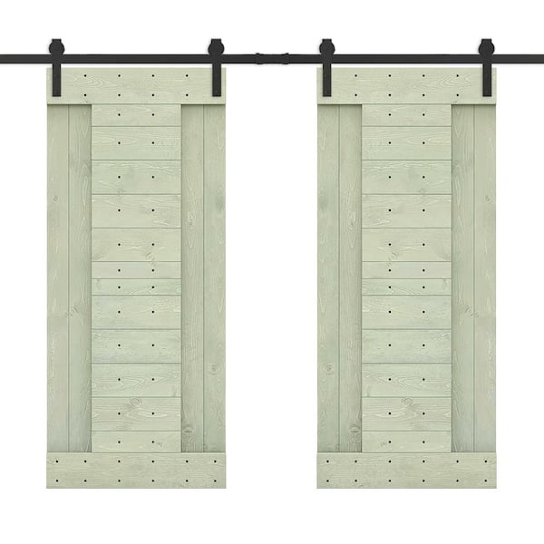 CALHOME 72 in. x 84 in. Sage Green Stained DIY Knotty Pine Wood Interior Double Sliding Barn Door with Hardware Kit