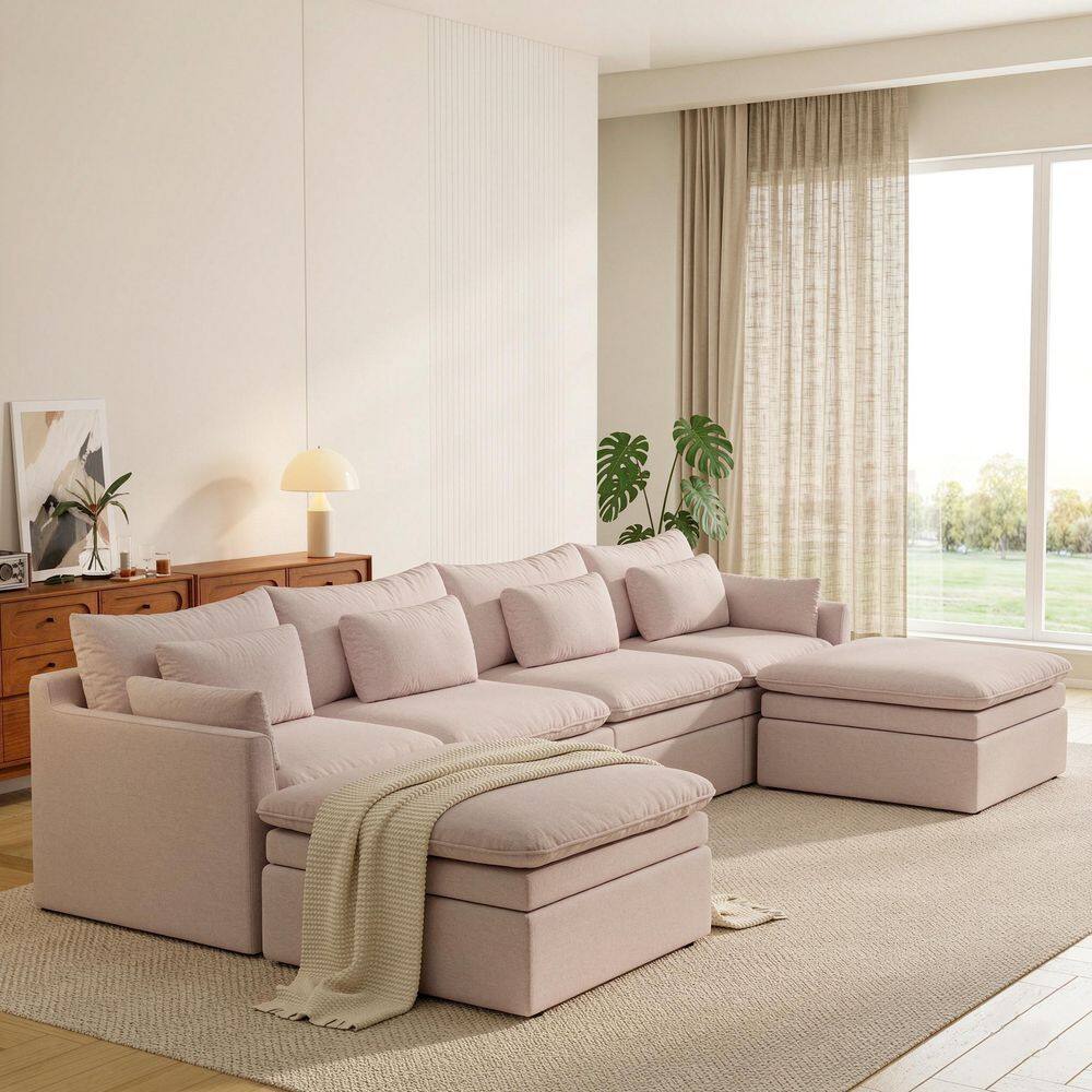 156 in. Track Arm 6-piece Polyester Velvet Modular Sectional Sofa Oversized Couch in Khaki with Ottomans, Washable Cover