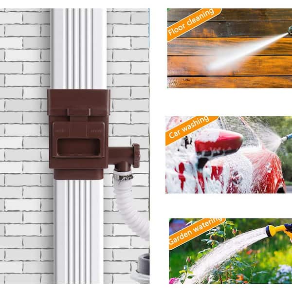 Rain Barrel Diverter Kit, Brown, Fits 2 x 3 or 3 x 4 in. Downspouts, Adjustable Valve Filter Rain Collection Accessory