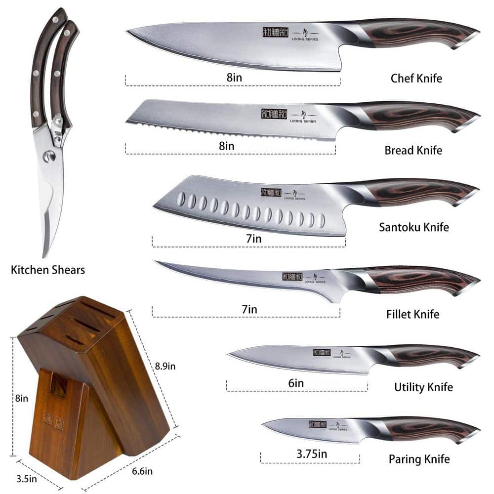 8-Piece Carbon Stainless Steel Japanese Kitchen Knife Set with Knife Block, Sharp Chef Knife Set with Scissors - Thumbnail 3