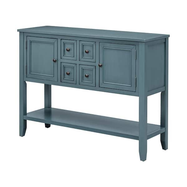 46 in. W x 34 in. H x 15 in. D Dark Blue Wood Rectangular Storage Console Table with Shelf and Drawers for Living Rooms