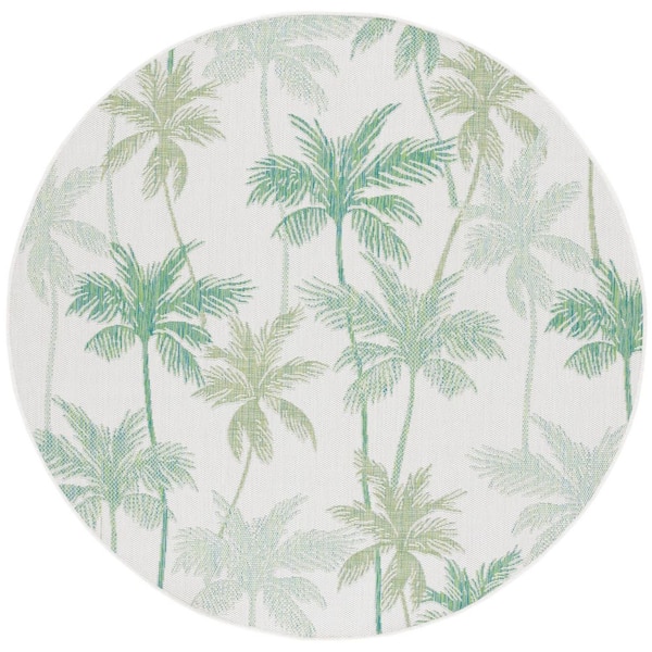 Courtyard Ivory/Green 7 ft. x 7 ft. Botanical Palm Leaf Indoor/Outdoor Round Area Rug