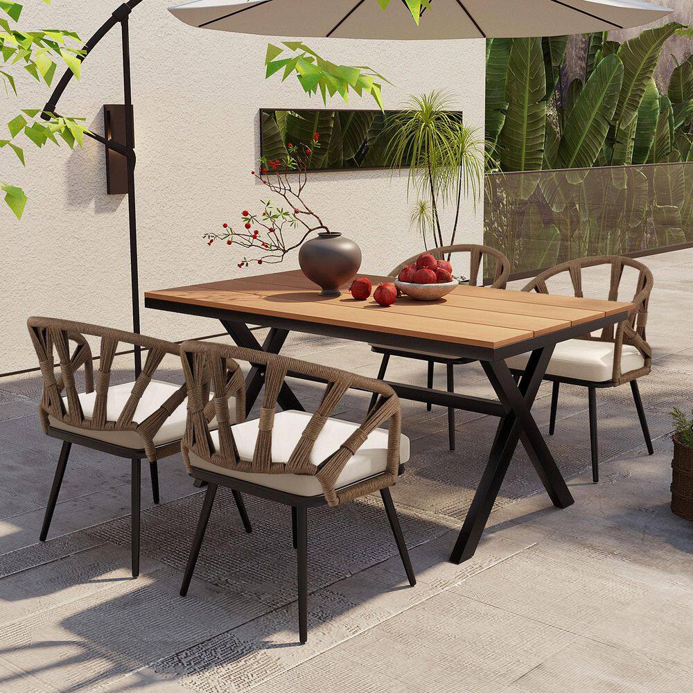 Contemporary Brown 5-Piece Iron and Wicker Outdoor Dining Set with Beige Cushions and Dining Table price history on PriceWatchPro