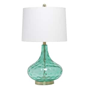 24 in. Seafoam Modern Refined Bubbly Colored Glass Table Lamp with White Linen Tapered Drum Shade