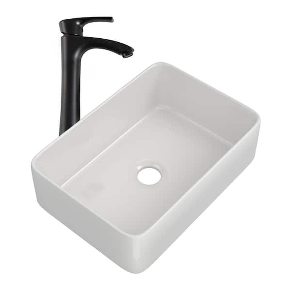 LORDEAR 19 in. Single Bowl Bathroom Rectangular Ceramic White Vessel Sink with Bronze Faucet