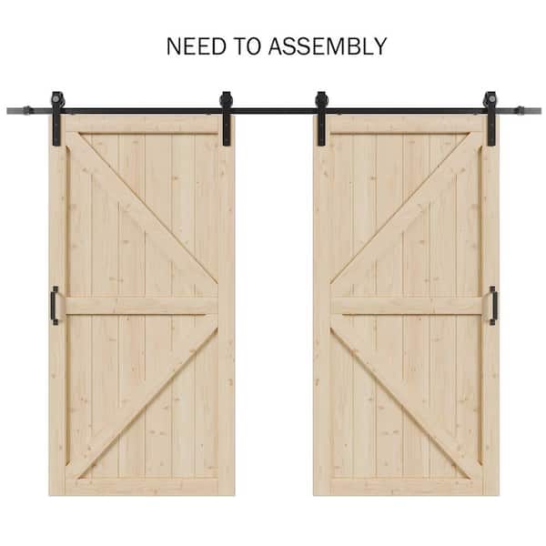 84 in. W. x 84 in. (Double 42 in. Doors) K-Frame, Pine Wood Unfinished, Barn Door Slab with Barn Door Hardware