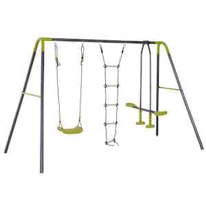 116in.Lx54 in.Wx69 in.H 3 in 1 Kids Metal Swing Set Backyard Swing Seat Glider&Climbing Ladder 4 Children