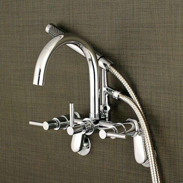 Kingston Brass Modern Gooseneck 3 Handle Wall Mount Claw Foot Tub Faucet With Handshower In Chrome Hae8151dl The Home Depot - Wall Mounted Tub Faucet With Hand Shower