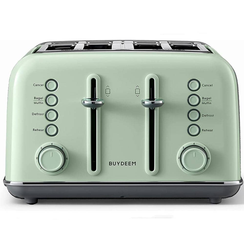 BUYDEEM DT-6B83 4-Slice Toaster, Extra Wide Slots, Retro Stainless Steel, Removable Crumb Tray (Cozy Greenish)