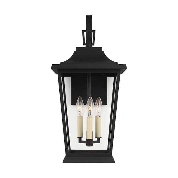 Warren 10.625 in. Medium 3-Light Textured Black Outdoor Wall Mount Lantern with Clear Glass Panels