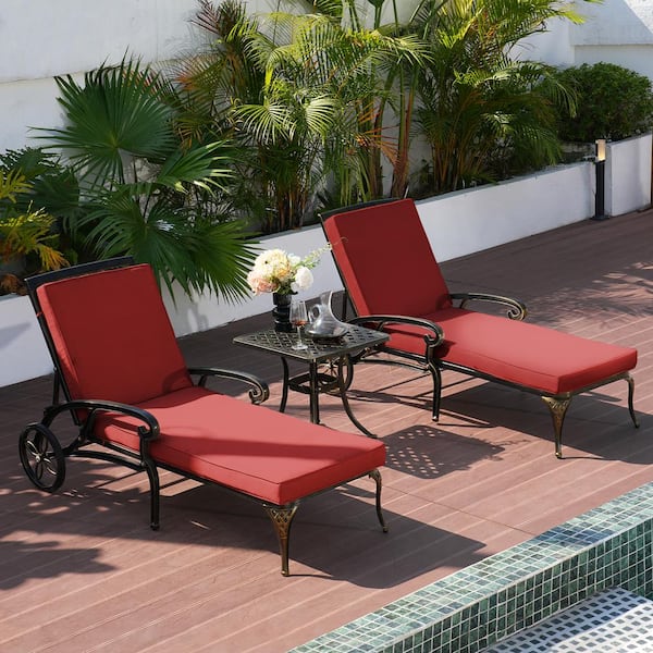 Antique Bronze Cast Aluminum Outdoor Chaise Lounge with Wheels Adjustable Reclining and Red Cushion