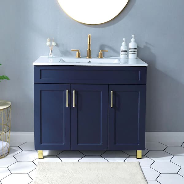 36 in. W x 18 in. D x 33 in. H Single Bath Vanity in Blue with White Ceramic Sink Top