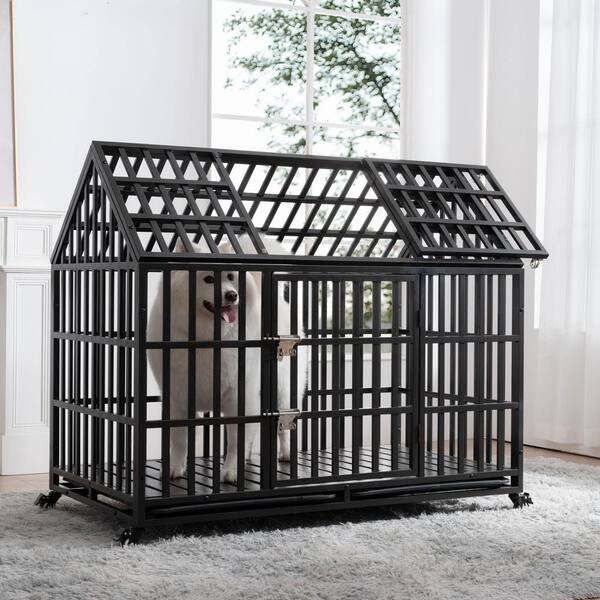 Tunearary 52 in. Heavy Duty Metal Black Dog Crate Dog Kennel for Large Dogs with 1 Front Door 1 Top Door and 4 Lockable Wheels Dogcage zj The Home Depot