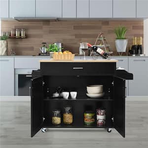 Rolling Kitchen Black Island Cart Storage Cabinet with Towel and Spice Rack
