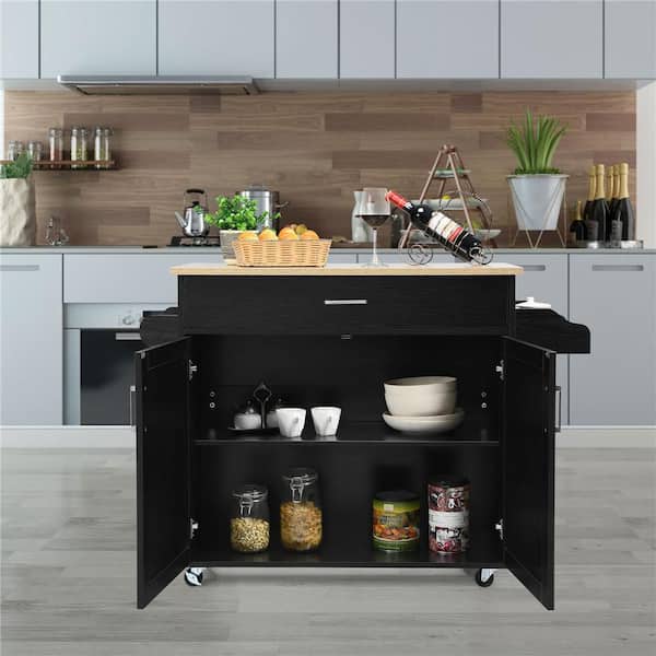 Costway Rolling Kitchen Black Island Cart Storage Cabinet with Towel and Spice Rack