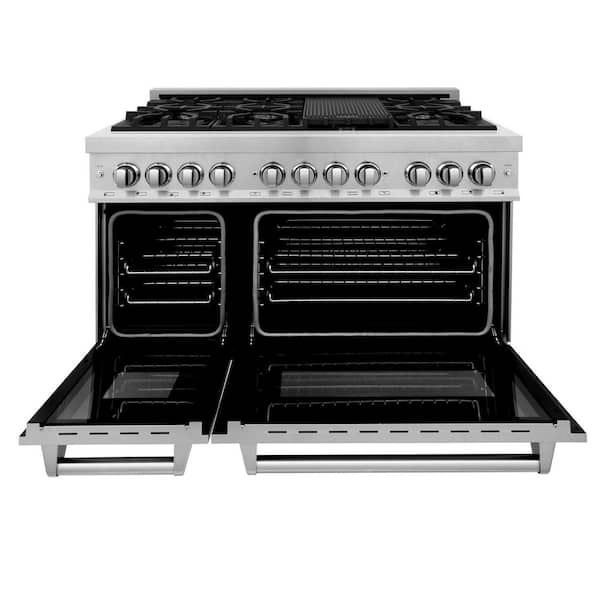 48 in. 6.0 cu. ft. Legacy Dual Fuel Range with 7 Burner Gas Cooktop and 2 Electric Ovens in Satin Stainless Steel