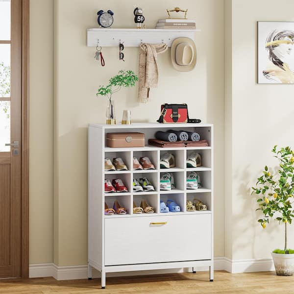 Tribesigns Shoe Cabinet, 24 Pair Freestanding Shoe Rack Storage Organizer  with Side Hooks, Modern Shoe Storage Cabinet with Shelves for Hallway