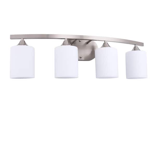 Emeritpro 28 in. 4-Light Nickel Cylinder Vanity Light for Bathroom, Vanity, or Mirror with Curved Arms and White Glass Shades