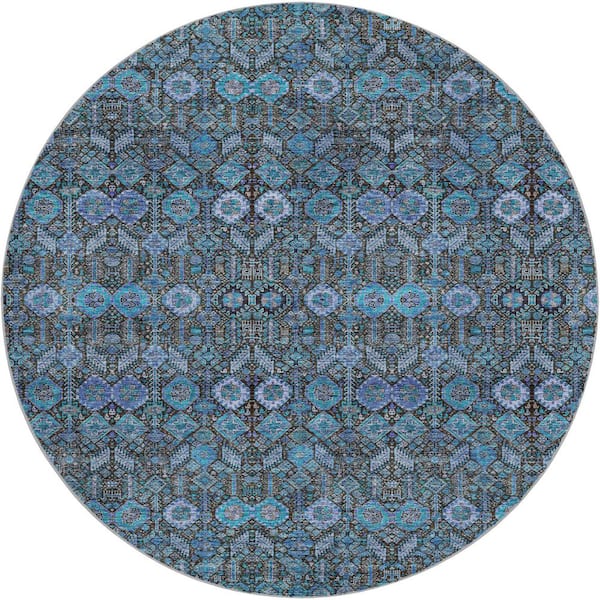 Dream Shag Premium Machine Washable Abstract ADS574 Teal 8 ft. x 8 ft. Round Rug