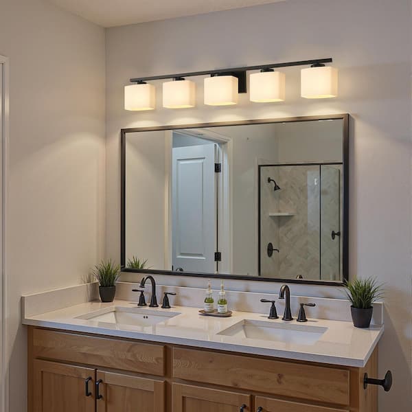 40 in. 5-Light Matte Black Modern Square Vanity Light with Milk White Shades, KD Wall Lamp for Bathroom, Living Room