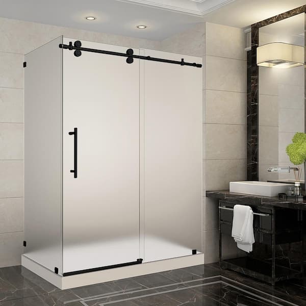 Aston Langham 60 in. x 35 in. x 77.5 in. Frameless Corner Sliding Shower Door with Frosted Glass in Matte Black, Right Drain