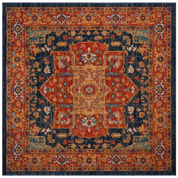Evoke Blue/Orange Doormat 3 ft. x 3 ft. Square Border Area Rug