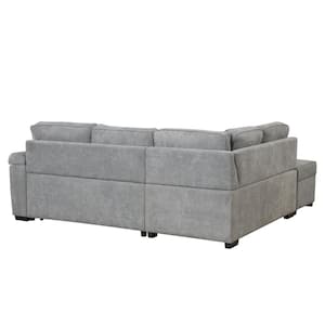 87.40 in. Straight Arm Velvet L-Shaped Sofa in Gray with Storage Ottoman, Sofa Bed