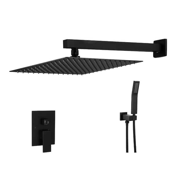 Wall-Mounted 2-Handle 1-Spray Shower Faucet 12 in. Square Shower Head in Black (Valve Included)