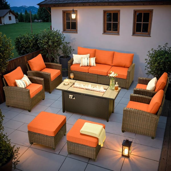 OVIOS Pirani Brown 8-Piece Wicker Patio Rectangle Fire Pit Conversation Set with Orange Red Cushions