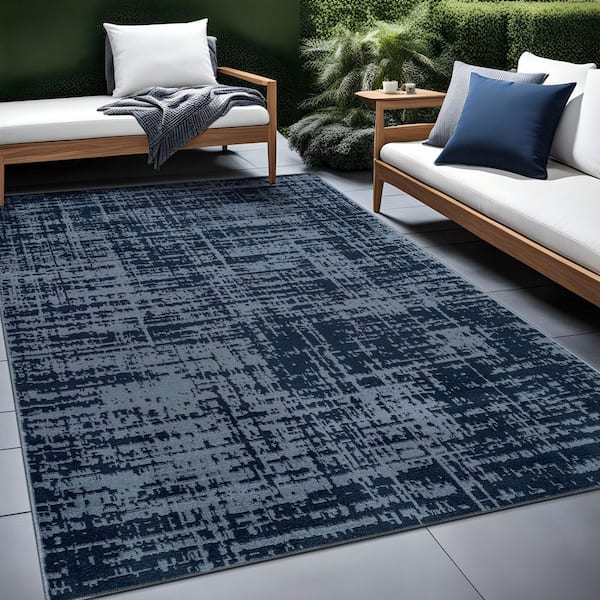 Atlas Navy 6 ft. x 9 ft. Rubber Back Washable Modern Canvas Indoor Outdoor Area Rug